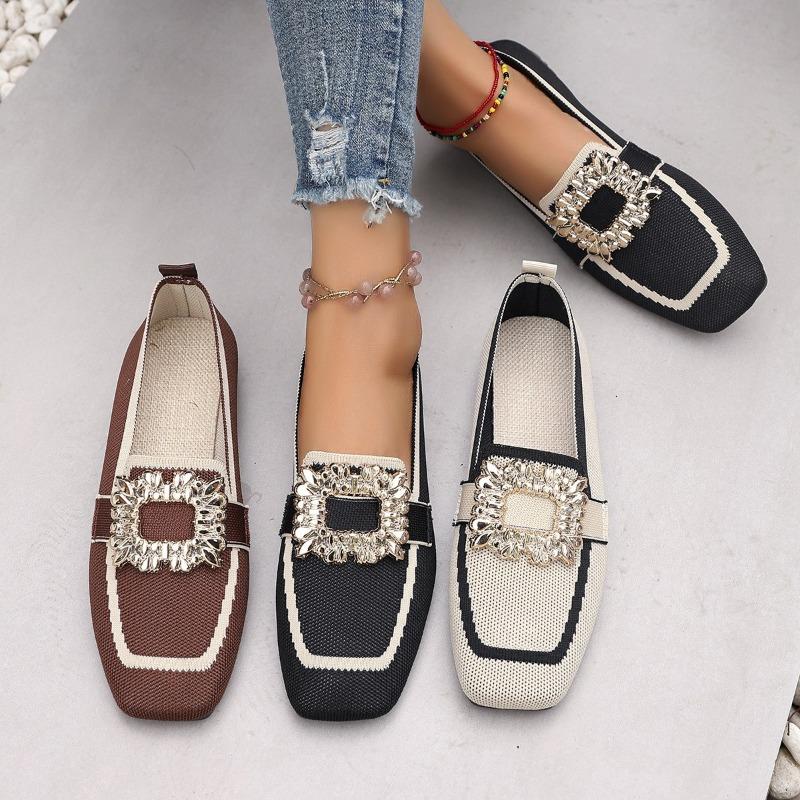 Fashion 2025 New Women Flats Spring New Large Size Flat Loafers Shoes Women Knitting Slip-on Square Head Breathable Shoes Women
