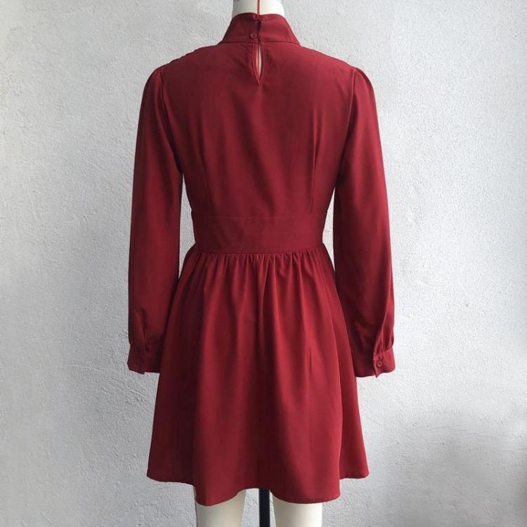 Women Summer A-Line Dress High Waist Slim Fit Stand Collar Above Knee Full Sleeve Solid Color Spring S-XL