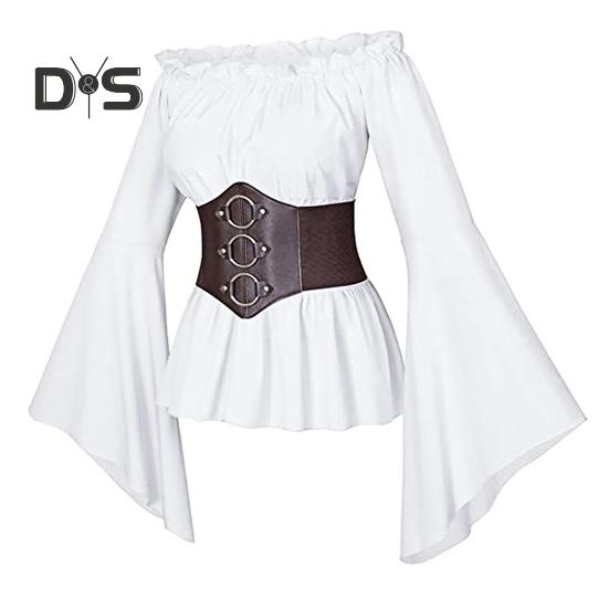 

Женский топ с корсетом, средневековый пиратский блузка с открытыми плечами, нестандартные расклешенные рукава, лепестковый подол, костюм для косплея на фестивале XXL белый