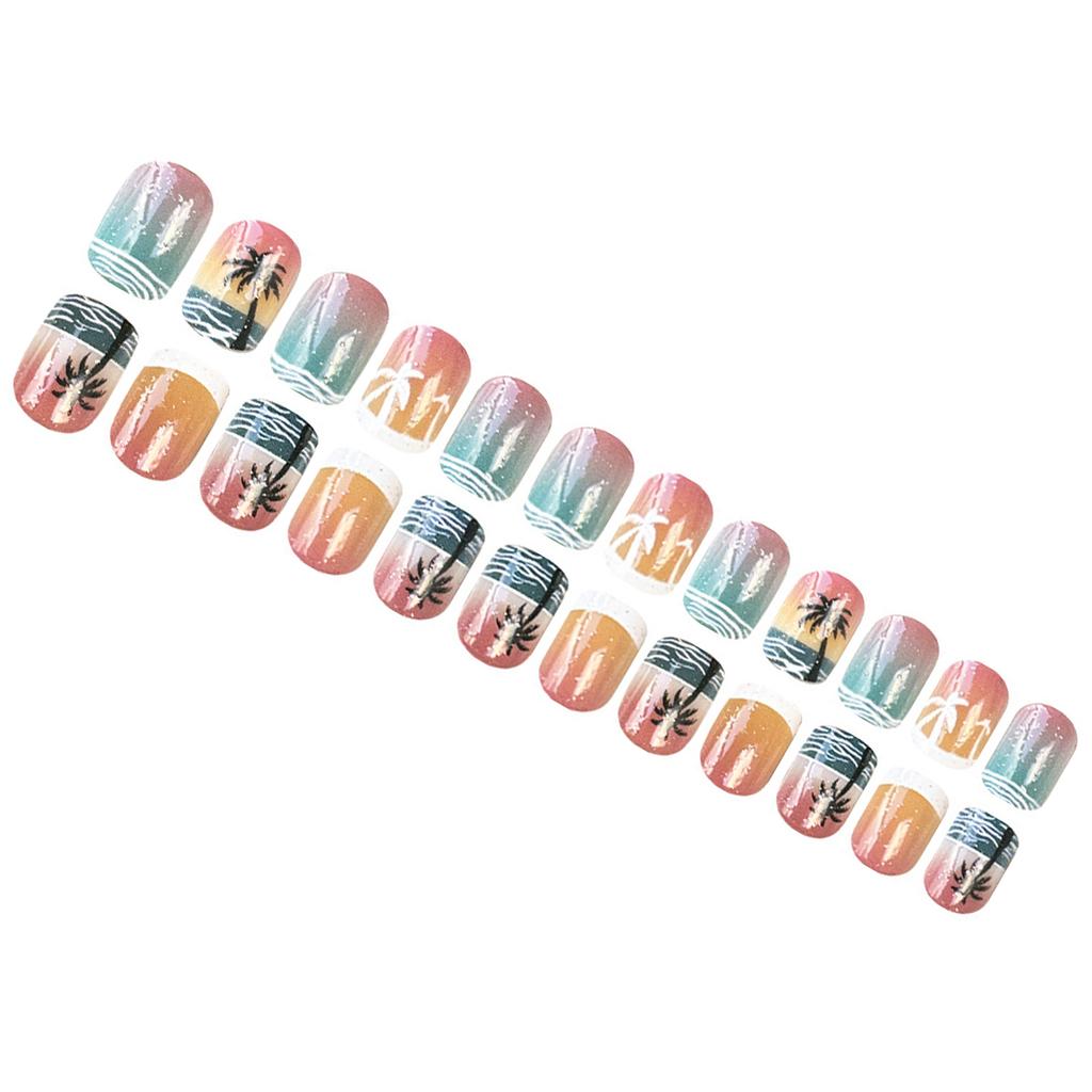 24 Peças Unha Postiça Mar e Coqueiro Verão Unha Artificial Brilhante Cobertura Total Adesivo de Unha Curta Quadrada de Pressão