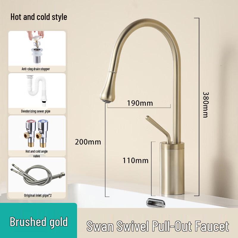 TLXT Brushed Gold Low Profile Pull-Out Swan Faucet