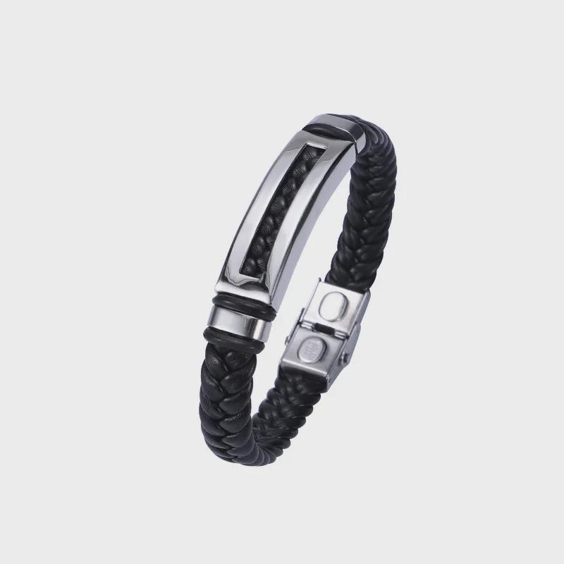 Unisex Fashion PU Leather & Polished Titanium Steel Braided Bracelet