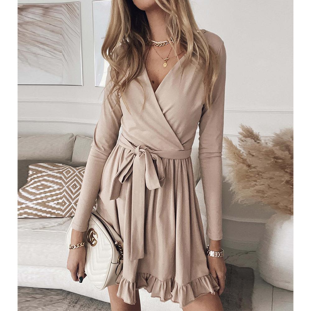 

Осінньо-зимова нова жіноча однотонна мереживна сукня з V-подібним вирізом, довгим рукавом та рюшами XL хакі