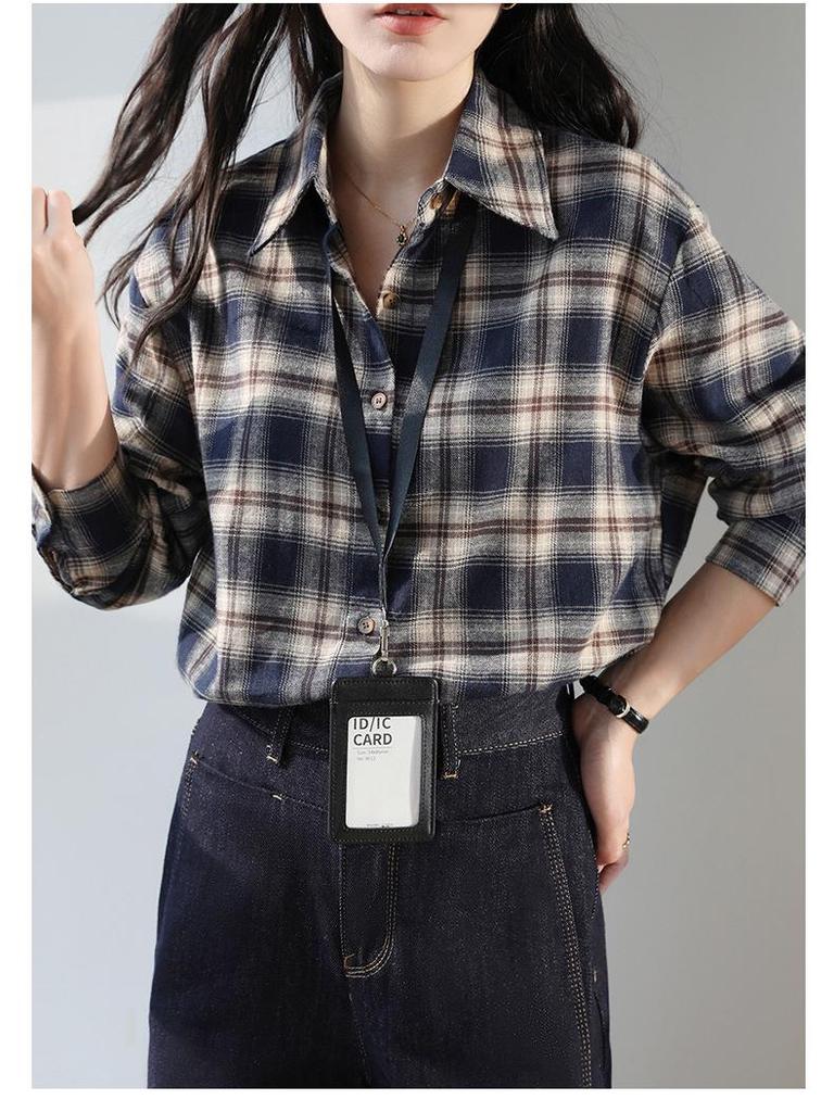 Women's Dark Blue Retro Plaid Shirt Jacket - Autumn/Winter 2025 New Korean Style Long Sleeve Top