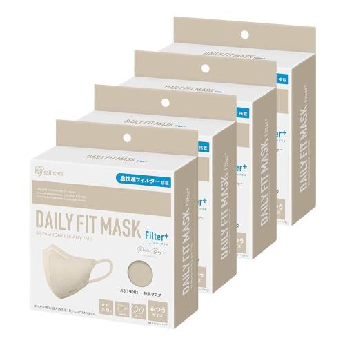 

IRIS OHYAMA DAILY FIT MASK Filter+ Nonwoven Mask, 80 Masks (4 Boxes of 20 Masks), Pale Beige, 3D Mask, Breathable, Lightweight, Small Face, Soft Ear S