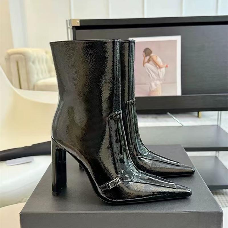 Mode Ins Stil Mode Lackleder Reißverschluss Damen Stiefeletten Herbst Winter Elegant Spitz Zehen Hohe Absätze Chelsea Kurze Stiefel Schuhe