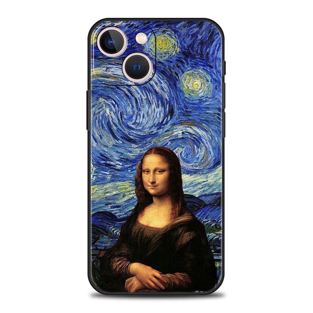 Mona Lisa Van Gogh Oil Painting Art Luxury Phone Case For iPhone 13 15 14 12 11 Pro MAX XR X SE XS 7 8 Plus Soft Black Cover