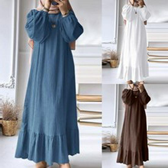 2024 Middle East Muslim Women's Puff Sleeve Dress with Zipper Placket and Elastic Cuffs