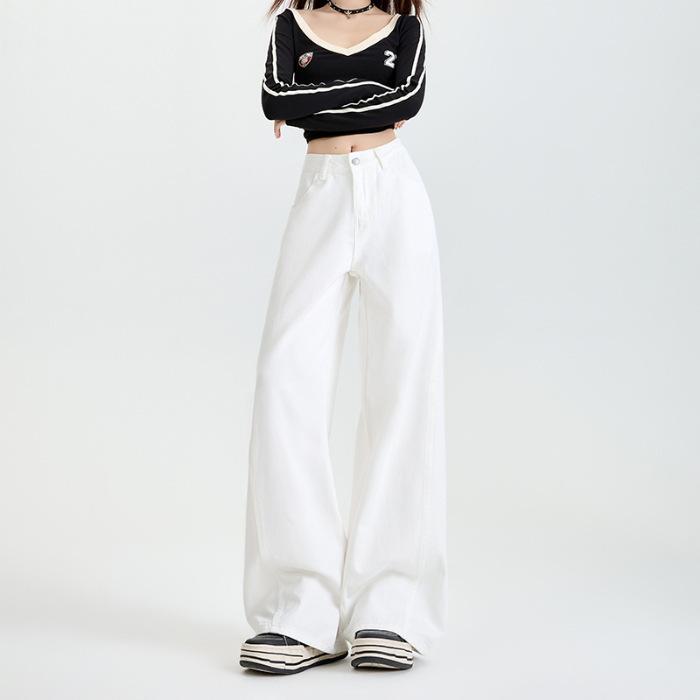 

Белые широкие брюки для женщин на весну Широкие джинсы для женщин на весну и лето Узкие прямые брюки с высокой талией для женщин на весну 2XL