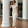 European and American High Sense Solid Sloping Shoulder Short sleeve Dress 2025 Summer New Pleat Slimming Socialite Fishtail Long dress
