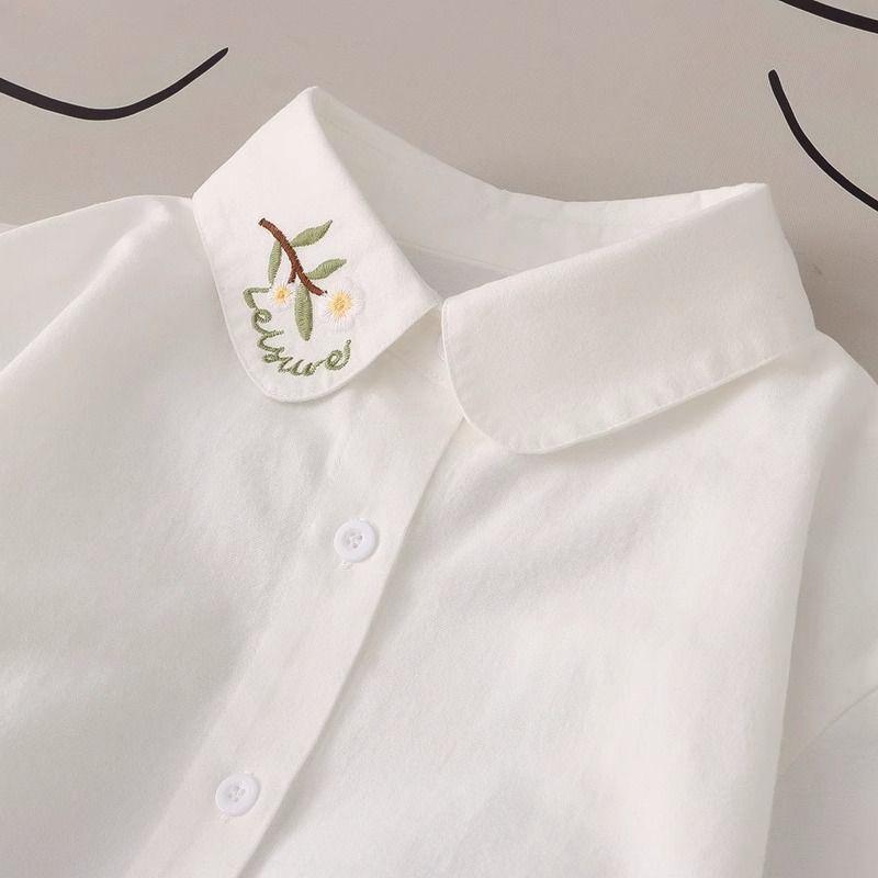 2025 Fresh Embroidery Long Sleeve Shirt for Women: Versatile White Student Blouse
