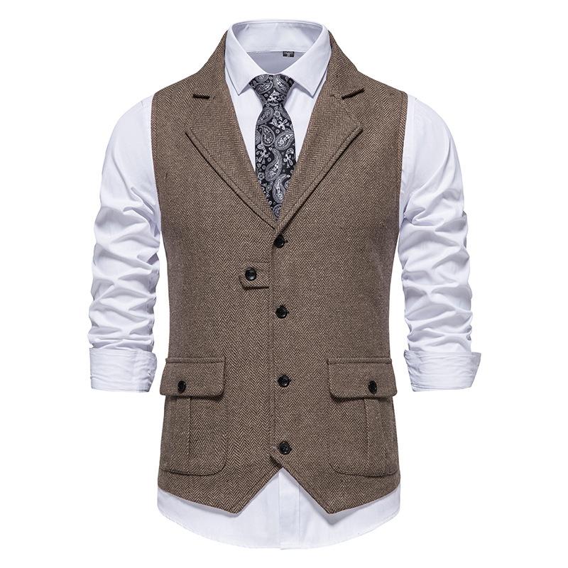 Mens Retro Vest Lapel Business Casual Single-Breasted Vest Slim Fit High Quality Mens Dress Wedding Male Tops