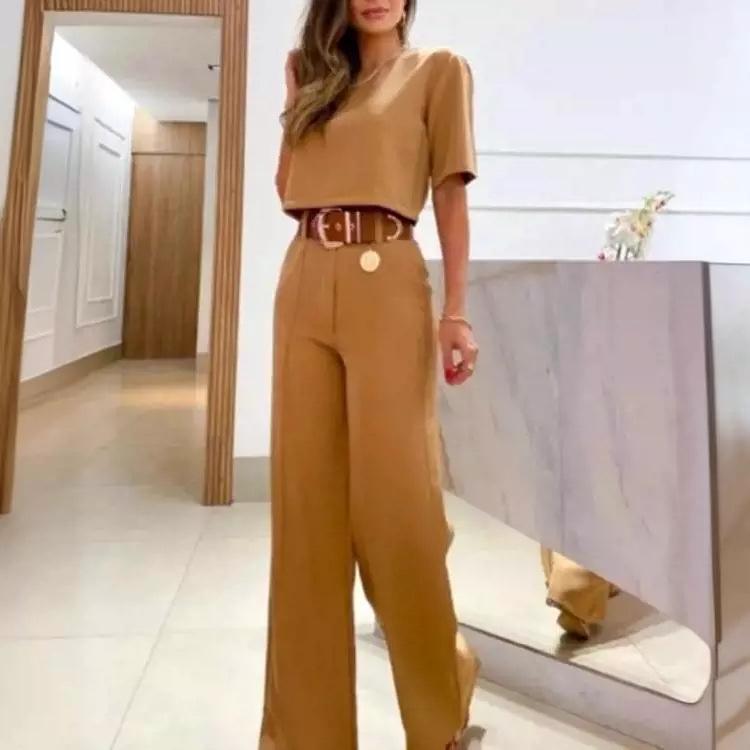 Set Casual de Camiseta de Manga Corta con Cuello Redondo y Color Sólido para Mujer Europea y Americana y Pantalones de Pierna Ancha