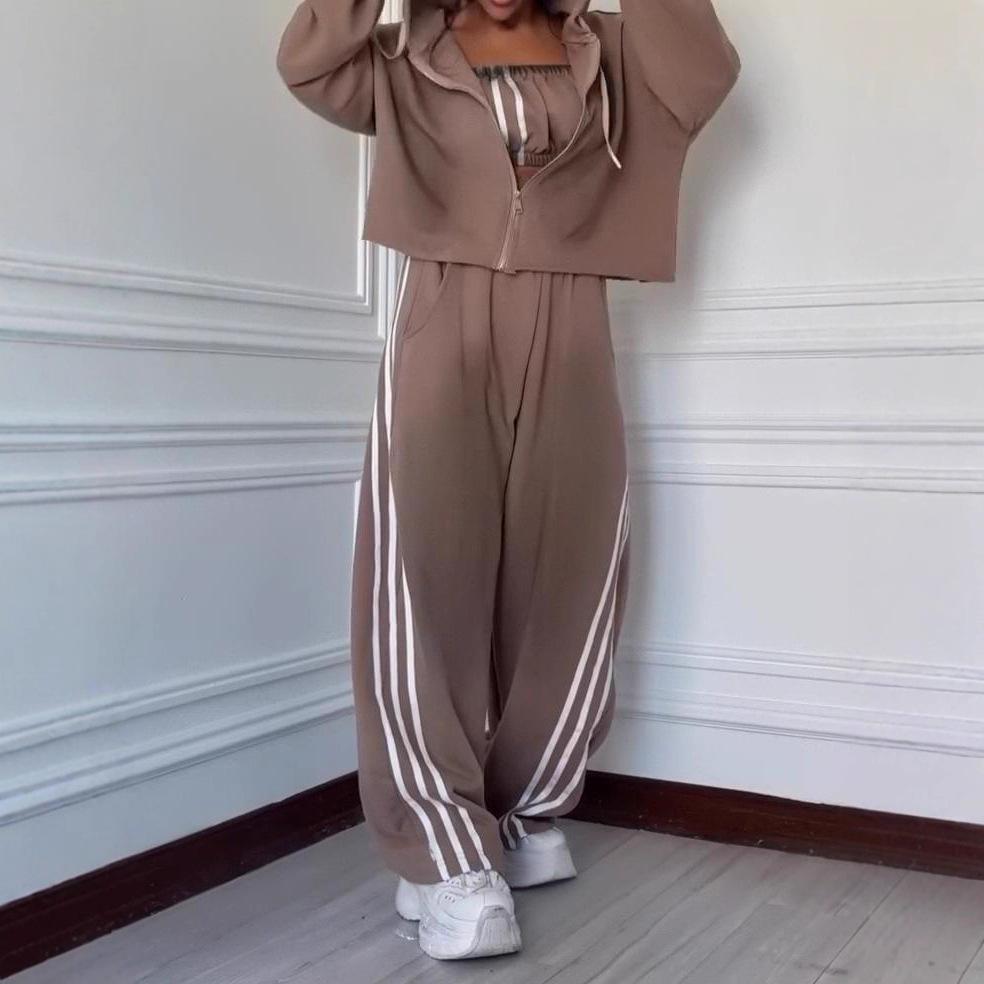 2025 Cross-border European and American Women's Clothing Amazon Sports Long-sleeved Hooded Zipper Casual Pants Commuter Fashion Suit