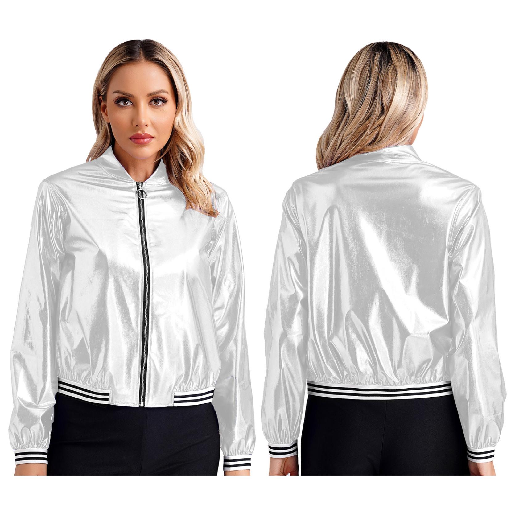 

Женская блестящая голографическая легкая куртка-бомбер 90-х годов блестящего металлизированного цвета с длинными рукавами S серебряный