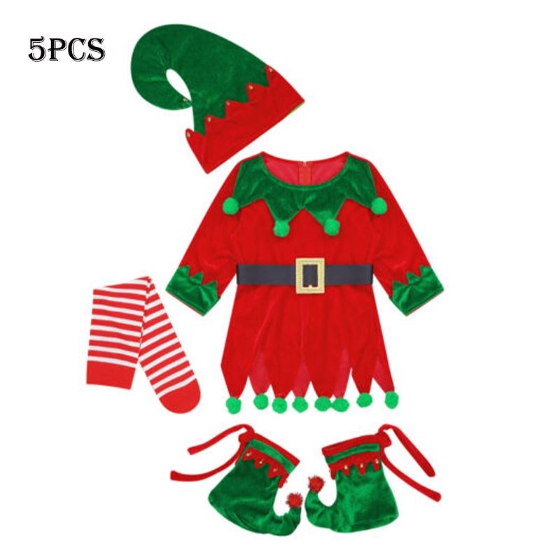 

Boys Girls Christmas Elf Costume Toddler Xmas Cosplay Set Dress Shoes Stockings 90cm