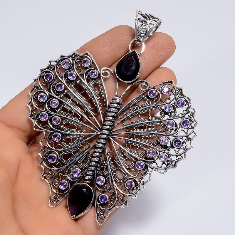 

Exclusive Top Grade Qualite 100% Natural Amethyst Pear Shape Vintage Style Handmade Jewelry 925 Steling Silver Plated Pendant 3.6 WSJ-5079 3.6