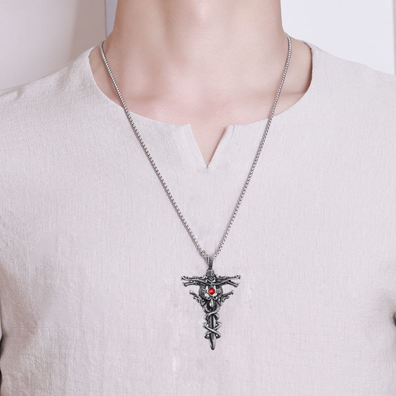Stainless Steel Jewelry Double Dragon Sword Titanium Steel Pendant Necklace Pendant Retro Punk Cross Transit Chic Fashionable Male AccessoriesFashion