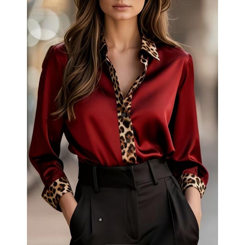 New Women's Leopard Print Long Sleeve Office Shirt Spring Autumn Lapel Casual Loose Blouse Simple Satin Elegant Solid Color Top Clothing
