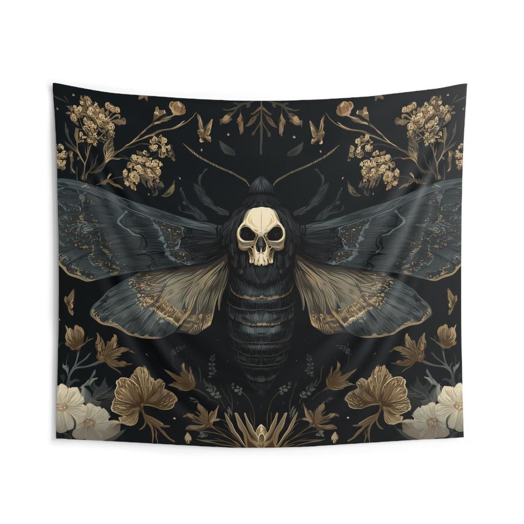 Death's Head Moth Tapestry, Gothic Botanical Wall Hanging, Dark Whimsigoth Wall Cloth, Spooky Cottagecore Background Cloth, Moody Plants