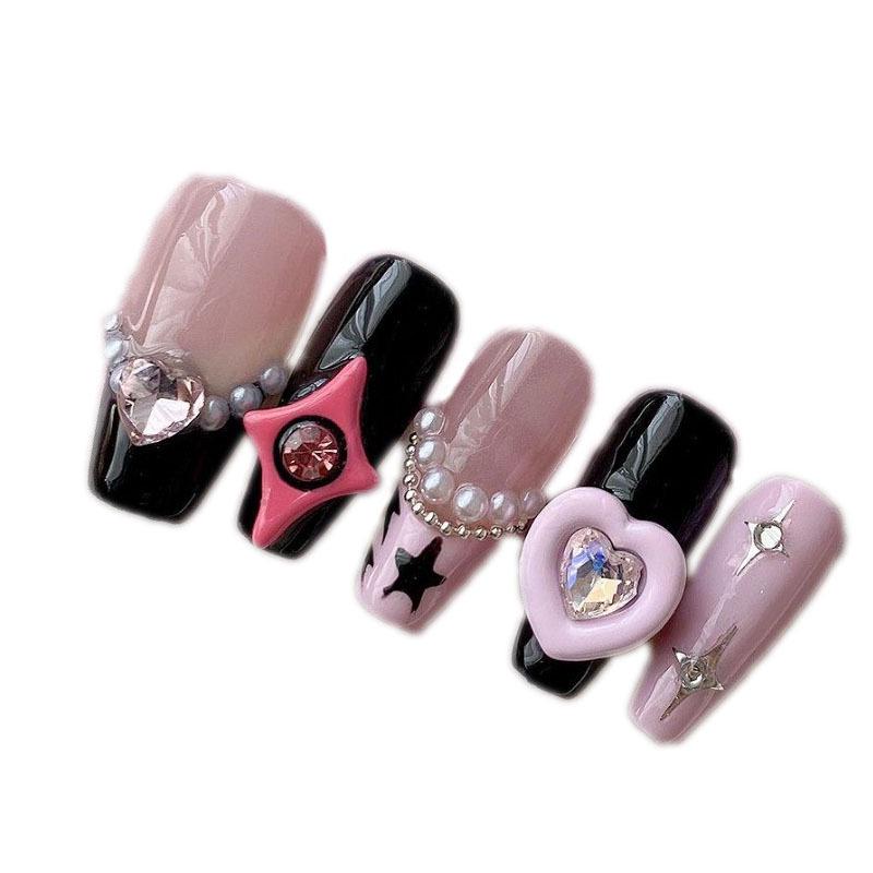Y2K Drăguța Barbie Fata Fierbinte Artă de Unghii cu Strasuri: Stele și Inimi Negre și Roz