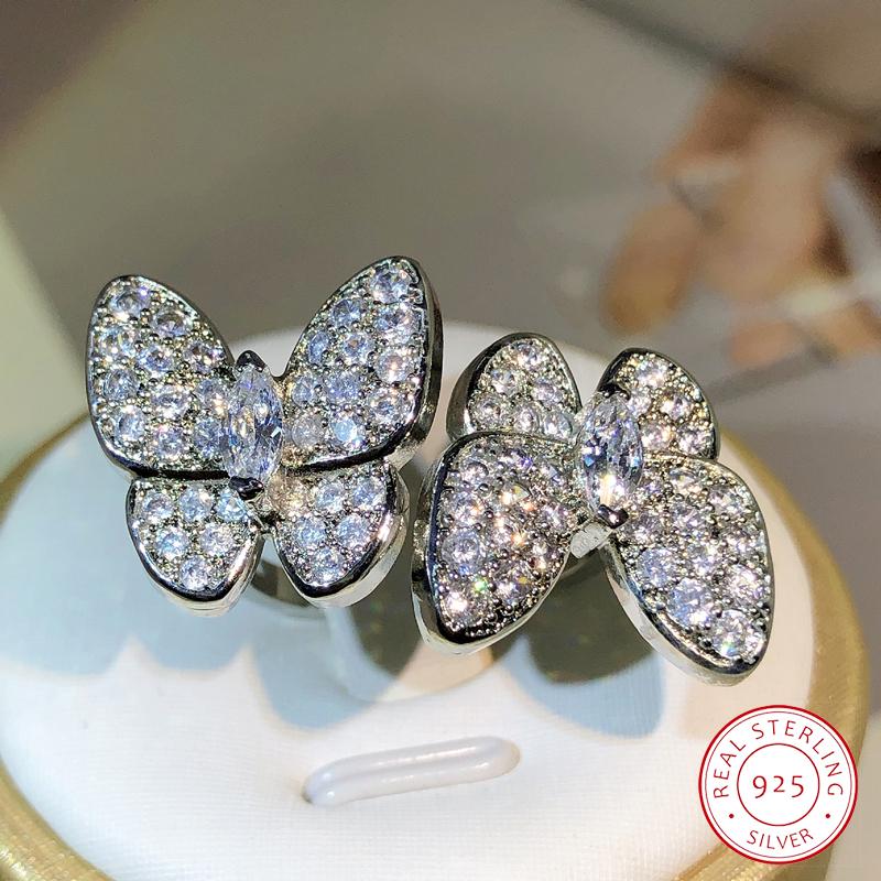 925 Silver Luxury Vintage Double Butterfly Full Crystal Ring Jewelry For Women Rhinestone Sweet Girls Ring Female Wedding Rings