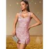 Pailletten Mini-Kleid Glitzernd Breiter Träger Quadratischer Ausschnitt Rückenfrei Bodycon Kurz Gewand Sexy Seitenschlitz Glitzer Ärmellos Geburtstagsparty Cocktail Club Kleid