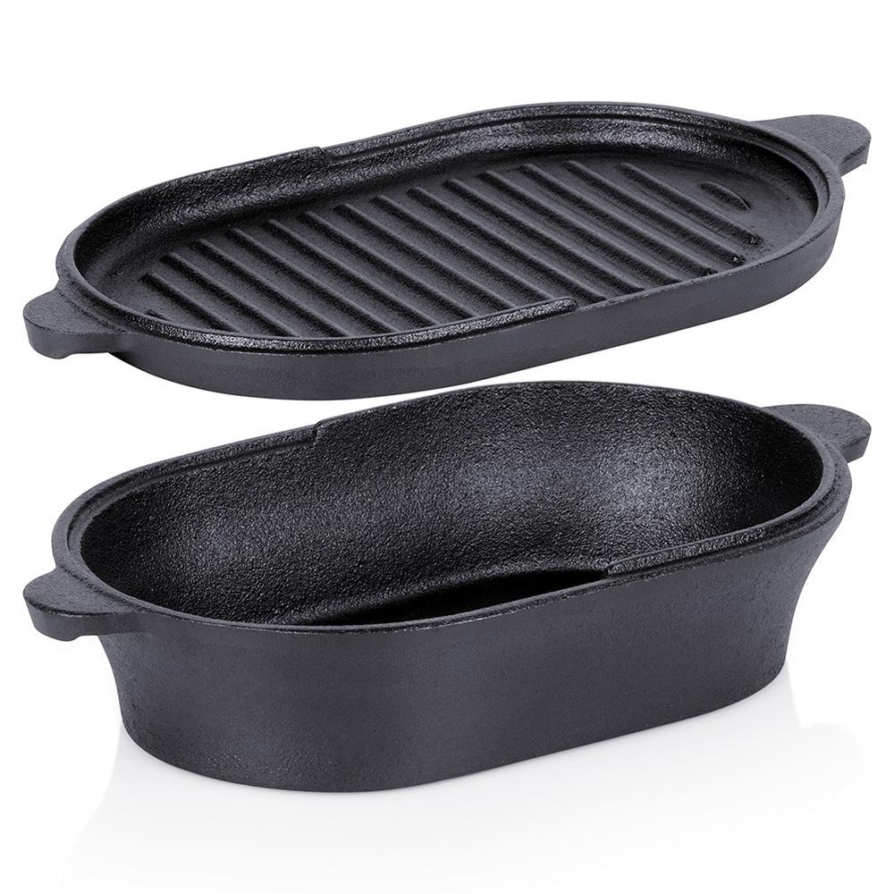 Cast Iron Roasting Pan Pot Baking Dish Frying Pan Grill 2 in 1