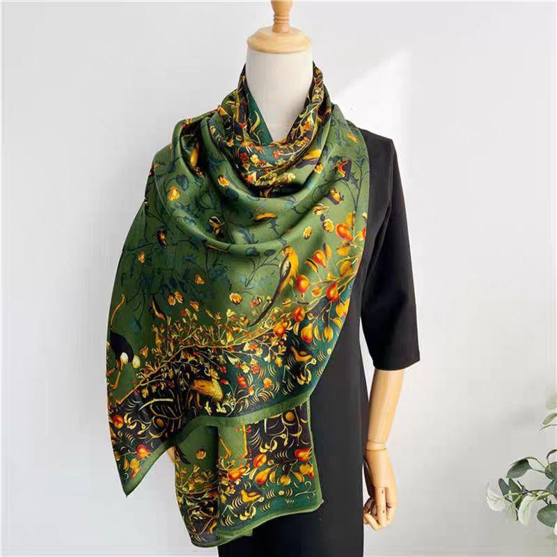1 Pcs 90X180 Retro Chinese-style Green Animal, Crane and Flower Long Scarf, Paired with an Air-conditioned Shawl for Women