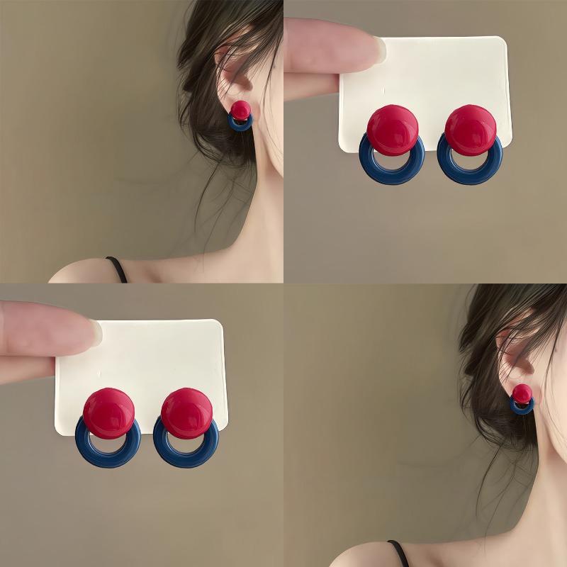 Red Blue Color Clash Geometric Resin Circle Stud Earrings For Women