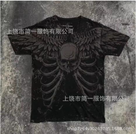 Summer Men's Fashion Skull Letter Printing Trend Slim Fit Casual 3D Digital Printing Short Sleeve Top