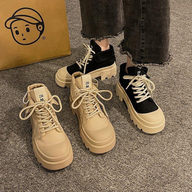 Wasteland wind Martin boots women's 2025 autumn new popular British style platform short boots inner height-increasing canvas mountaineering boots
