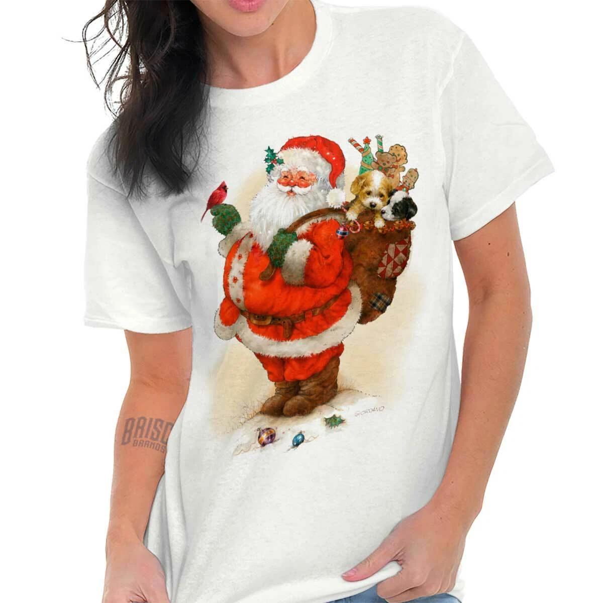 

Cute Vintage Christmas Santa Claus Xmas Bird Womens Graphic Crewneck T Shirt Tee 2XL