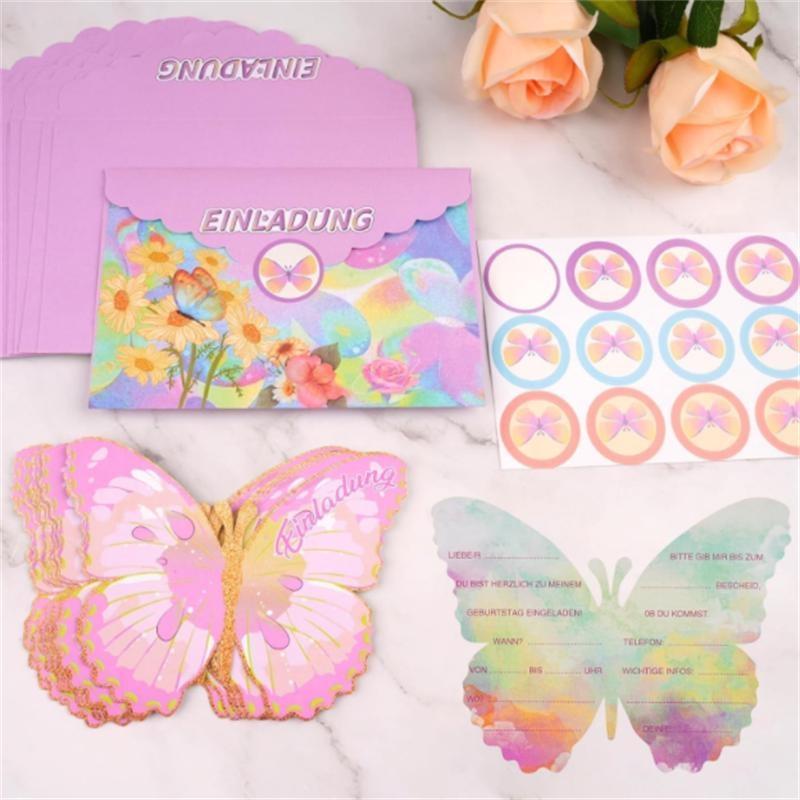 Schmetterling Einladungsbrief Für Kindergeburtstag, 12 Einladungsbriefe Für Mädchen Und Jungen Geburtstag, Umschlag, Siegelstreifen