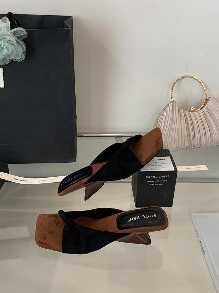 Suede Women's Square Toe Vocation Mules French Style Sandals New Summer Slippers Soft Frosted Open Toe Shoes Zapatos De Mujer