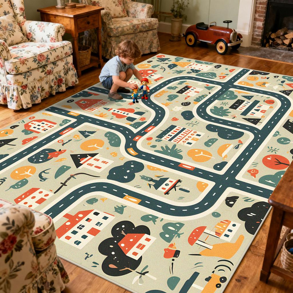 Children Amusement Park Living Room Carpet Thickened Short Velvet Cartoon Road Large Rugs Decor Bedroom Baby Crawling Mat Floor