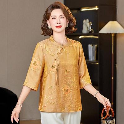 Stylish Mid-Sleeve Chinese Style Summer Top for Middle-Aged Women