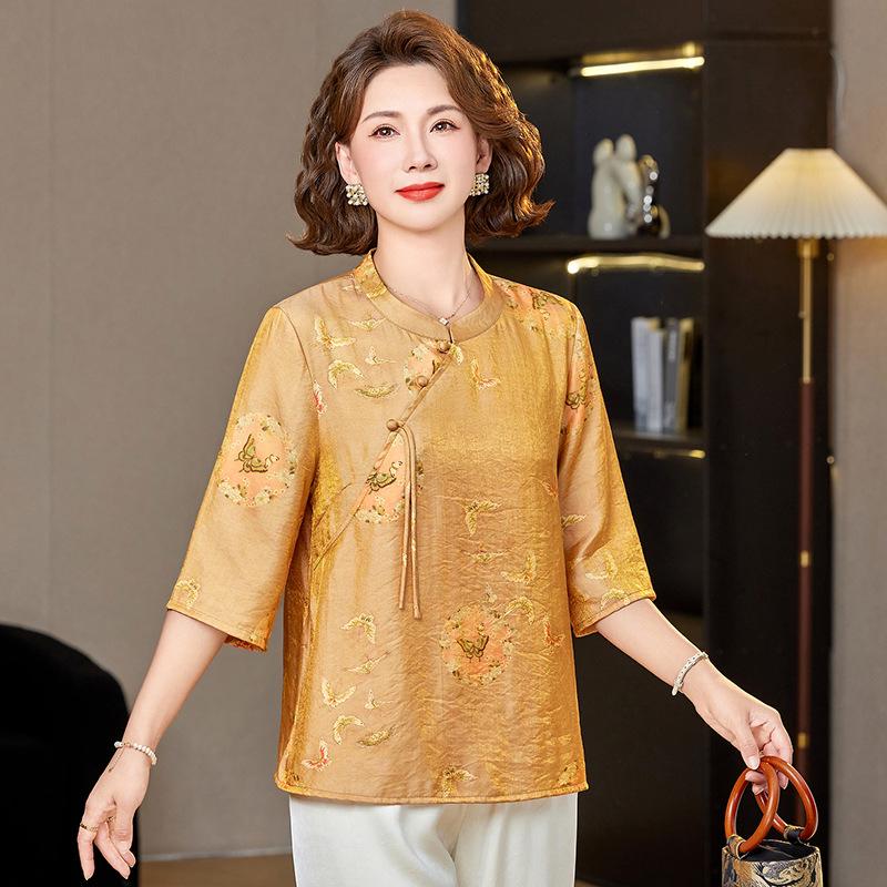 Stylish Mid-Sleeve Chinese Style Summer Top for Middle-Aged Women