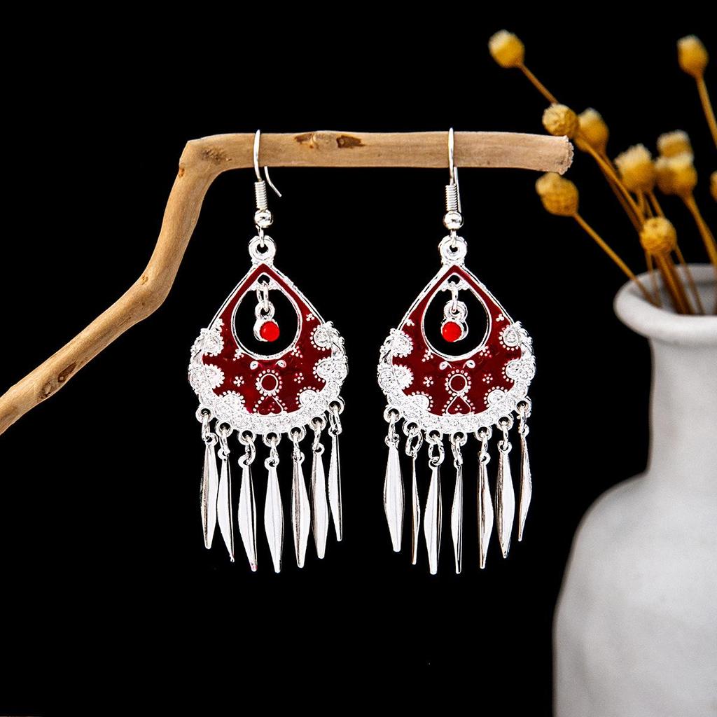 Vintage Ethnic Miao Silver Teardrop Tassel Earrings