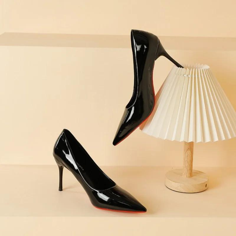 Fashion 2024Women Office Pumps Stilettos High Heels Shoes Large Size 42 Shiny Heels Patent Leather Pointy Toe Ladies Work Shoes 8cm NEW