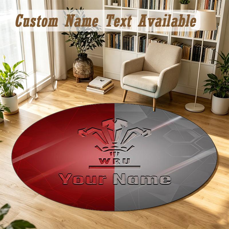 Round Rug Custom NameWales Rugby Pattern Non Slip Carpet Home Floor Decor