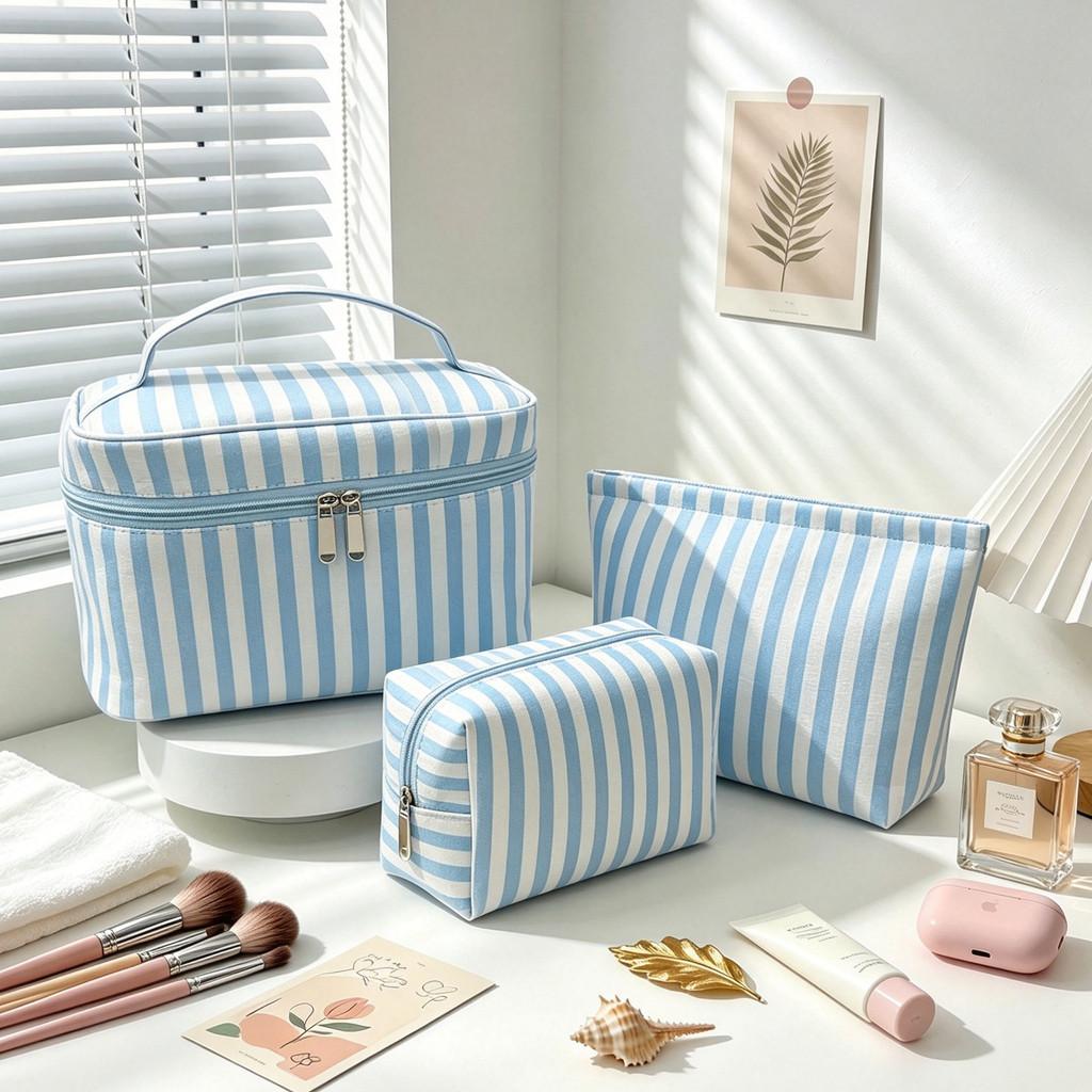 Travel Storage Organizer With Stripe Pattern Polyester For Womens Toiletry And Makeup Bag