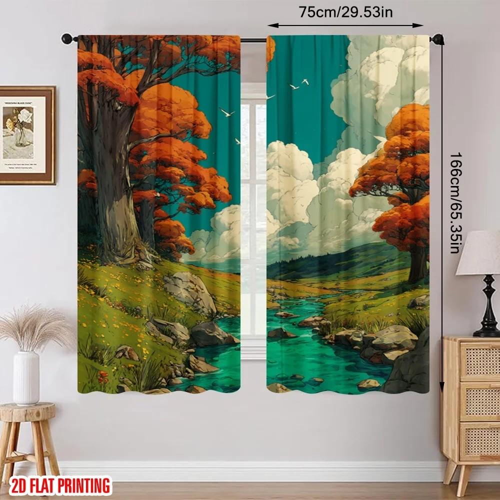 

Set Of 2 Artistic Autumn Trees Curtains Polyester Scenic Window Decor Living Room Curtain Light Filtering For Area Made With Rod Pocket W100*H70(CM)-Grommet top&2PCS