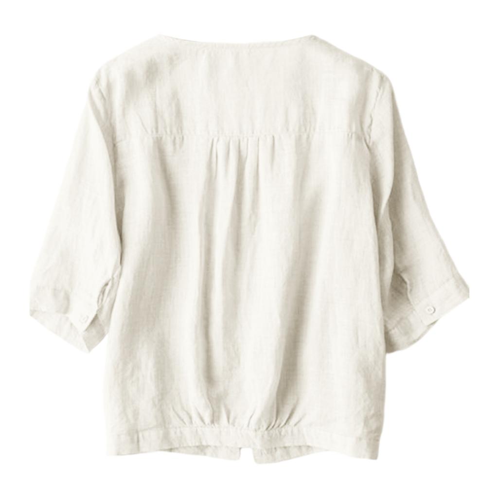 Leichte Retro-Bluse für Damen mit V-Ausschnitt, locker, aus Leinen-Baumwolle, mit Knöpfen