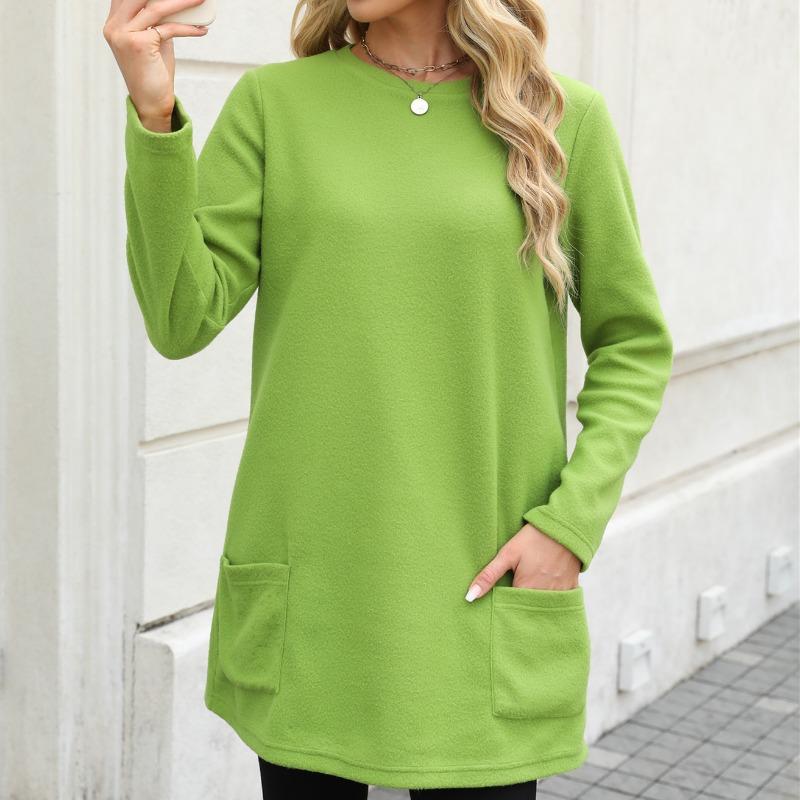 Spring Autumn Women's Mid Length Hoodie Pocket Round Neck Pullover Top Pullovers & Long Sleeves Women’s