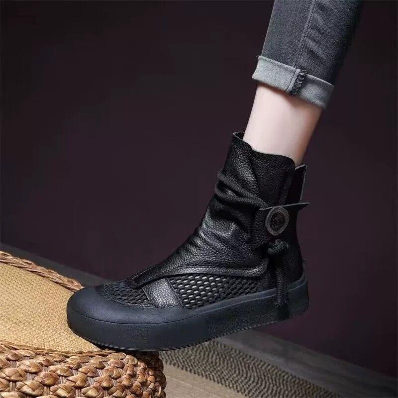 Retro Hollow Out cool boty pro ženy, silná podrážka, skutečná měkká kůže, ležérní houbová podrážka, zakrytí špičky, síťované krátké boty