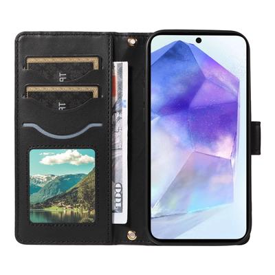 Für Samsung Galaxy A55 5G Hülle Brieftasche Rhombus Leder Handyhülle mit Schultergurt, Handschlaufe
