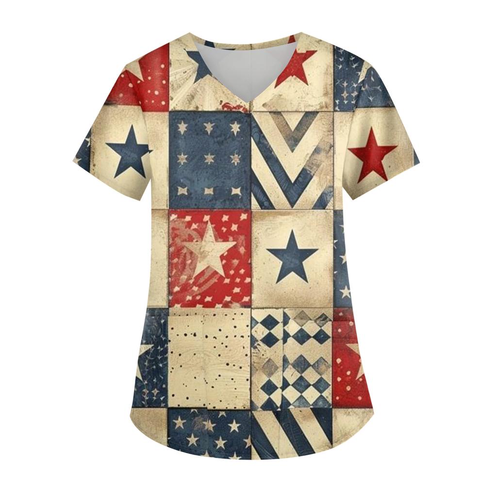 Ladies' Independence Day printed fashionable V-neck pocket short sleeved uniform and caregiver top