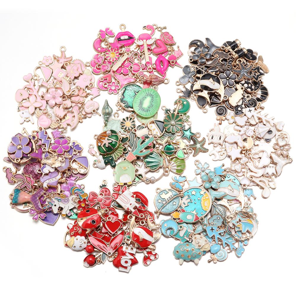 10Pcs MultiColor Alloy Drop Oil Mini Pendant Butterfly Flower Heart Shape Pendant For DIY Craft Keychain Necklace Jewelry Making