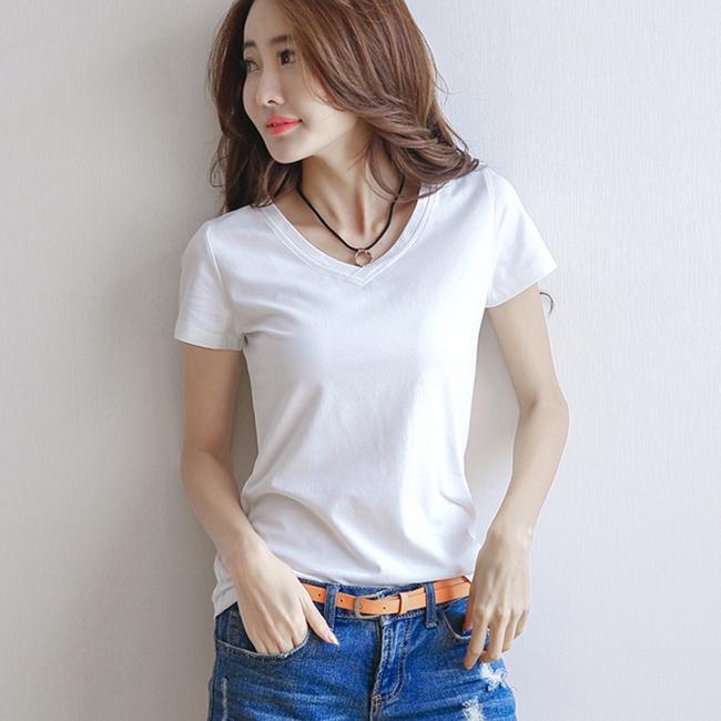 Women's Headwear Summer Casual T-Shirt Top V Cotton Short Sleeve Cotton Fashion Black White T-Shirts